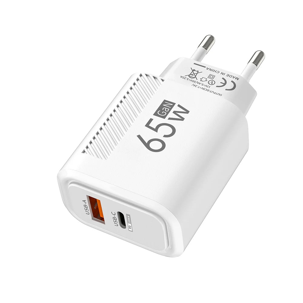 Cargador GaN 65W — USB-C y USB-A