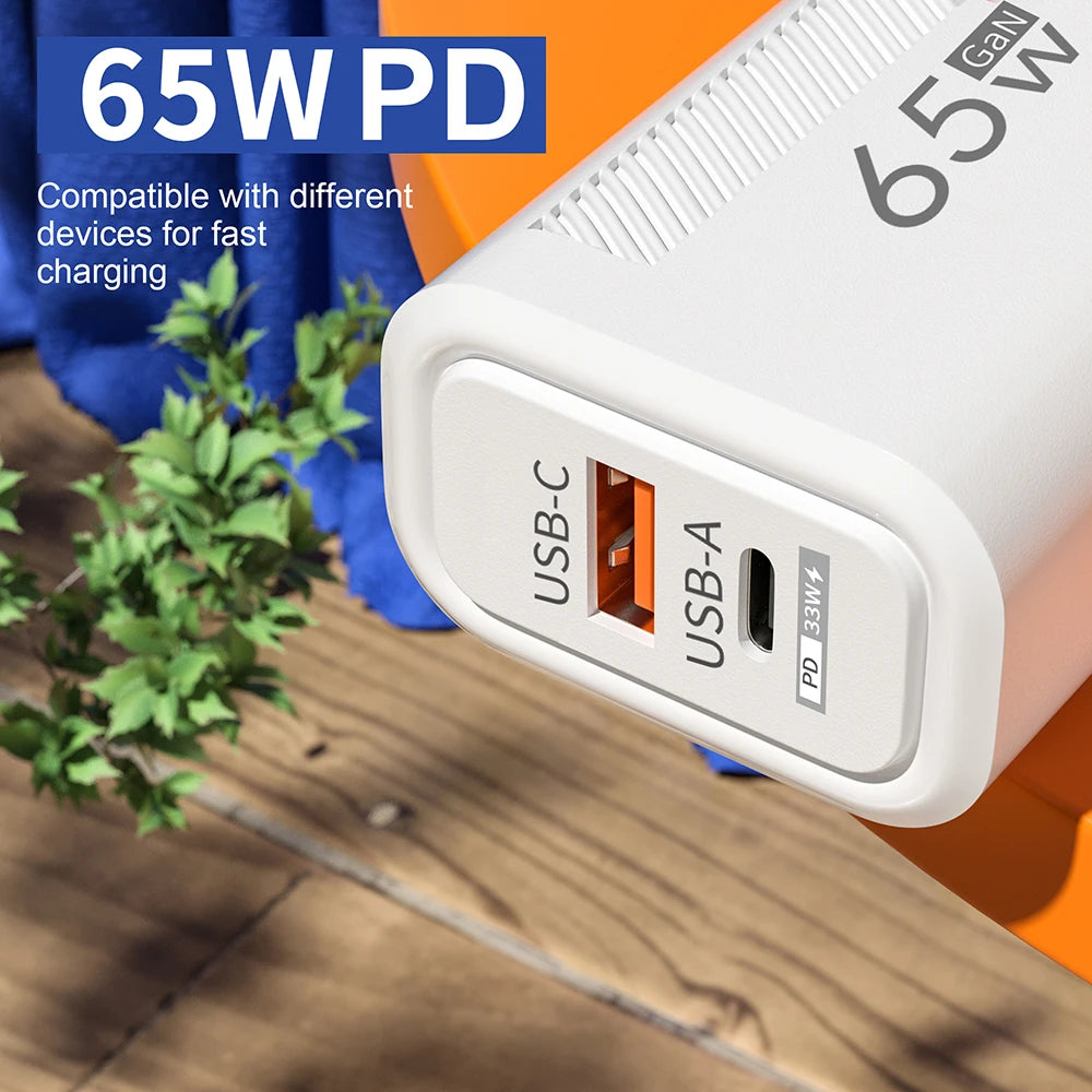 Cargador GaN 65W — USB-C y USB-A