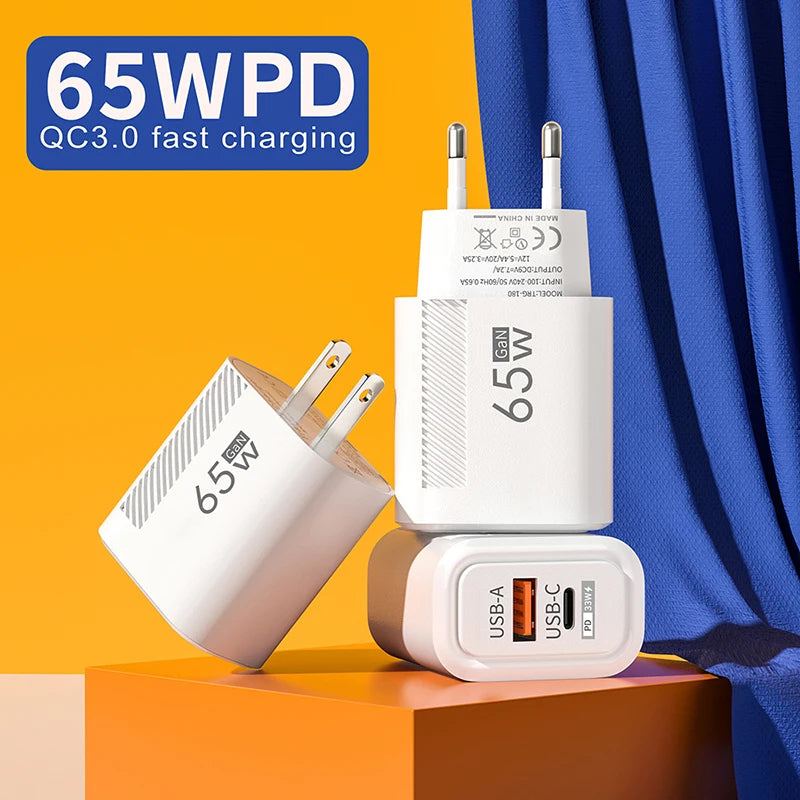 Cargador GaN 65W — USB-C y USB-A