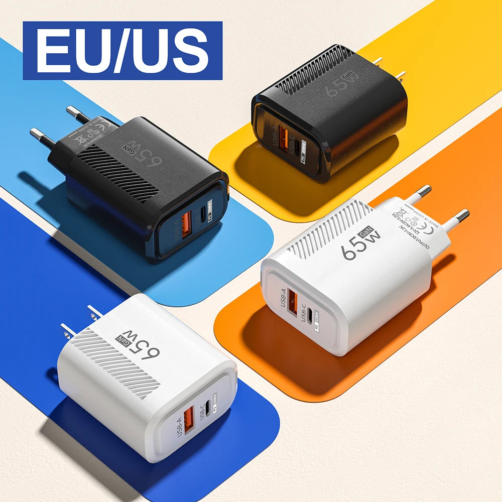 Cargador GaN 65W — USB-C y USB-A