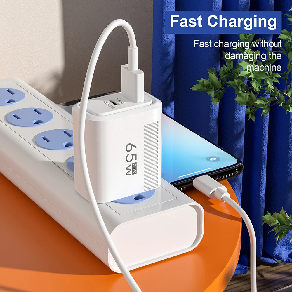 Cargador GaN 65W — USB-C y USB-A